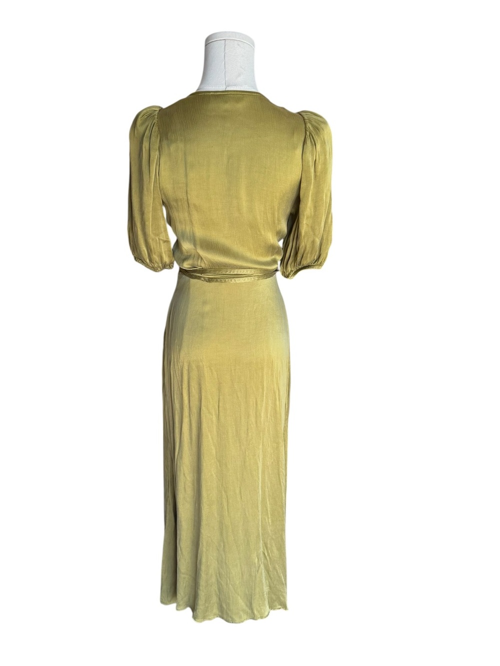 & Other Stories - Satin Wrap Midi Maxi Dress Olive Green Puff Sleeve Sz US 4 - Picture 5 of 9